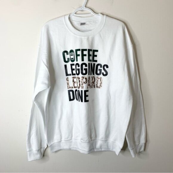 Women's Graphic Logo Coffee Leggings Leopard Casual Pullover Sweater Size Large - Picture 3 of 11